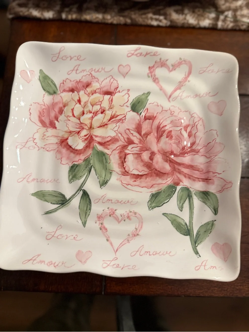 Maxcera Amour dinner plate 11”Pink Floral Square Serving Plate with Peony’s